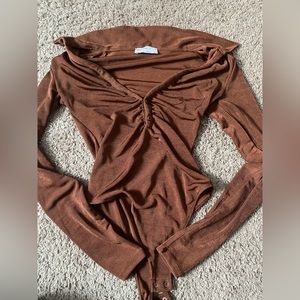 Bershka ruched front polo bodysuit in chocolate brown